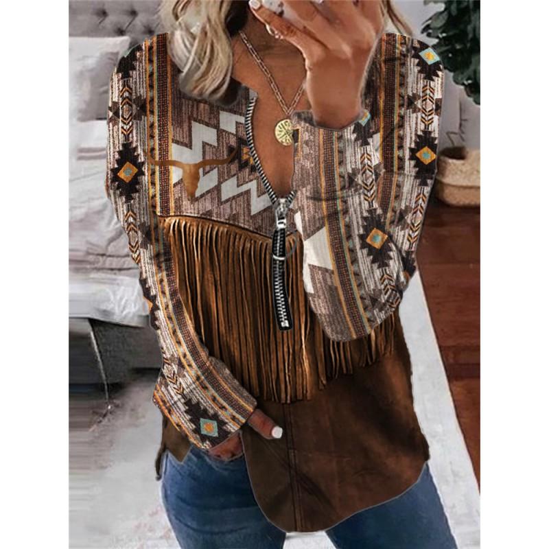 Womens Trendy Abstract Print Half-Zip Long Sleeve Hooded Sweatshirt Streetwear