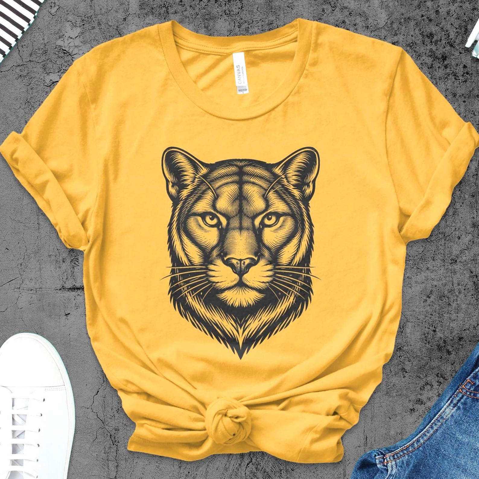 Cougar Face Shirt | Black Stencil Cougar Tee | Tattoo Style Mountain Lion Head Graphic Tee | Gift For Cougar Lover S