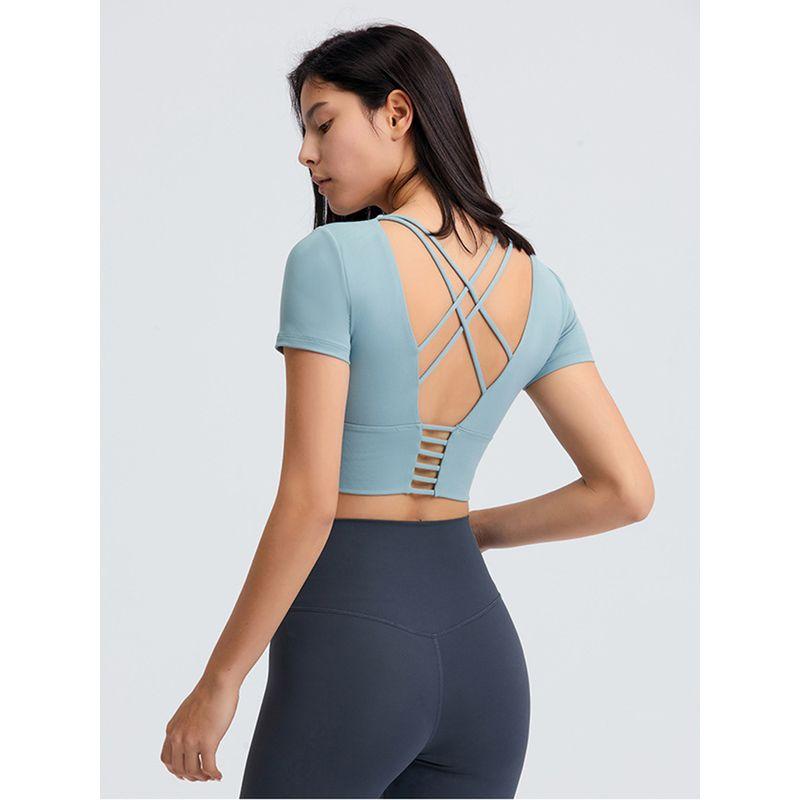 Original Open Back Yoga Jacket Short Sleeve Tight Sports T-shirt with Chest Pad Women's Quick-Drying Running Fitness Clothes Summer