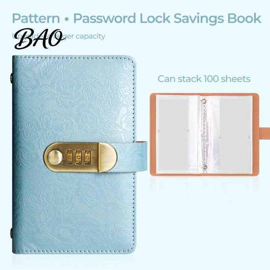 Security Cash Binder A6 Password Lock Budget Organizer, PU Leather And Relief Cover, Savings Tracker 100 Pocket Challenge Booklet for Personal Finance