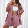 Women's Turn Down Collar Half Sleeve Slim Fit Solid Color Top Shorts 2-Piece Set