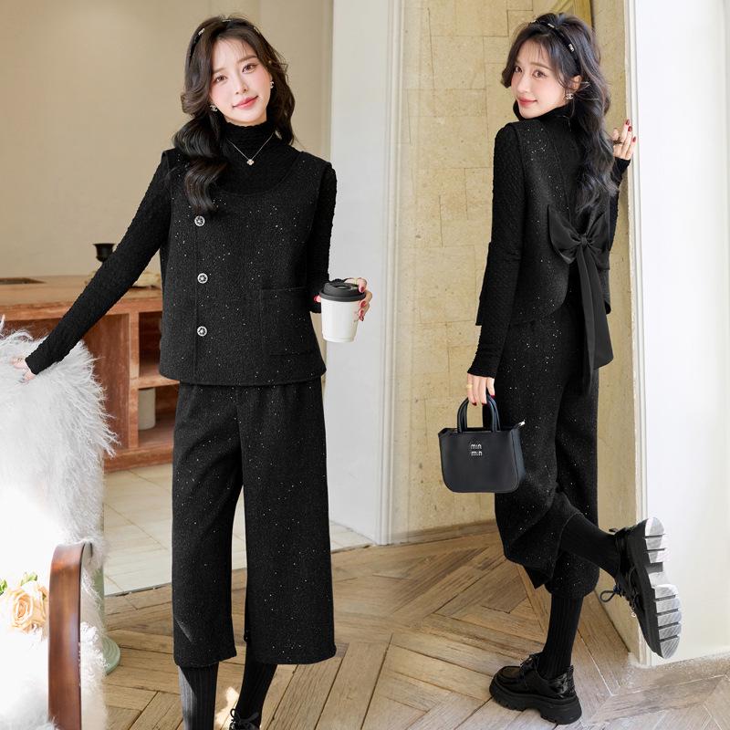 

Топ-майка с пайетками и бантом и комплект широких брюк, весна 2025 L 110-125 lbs чёрный