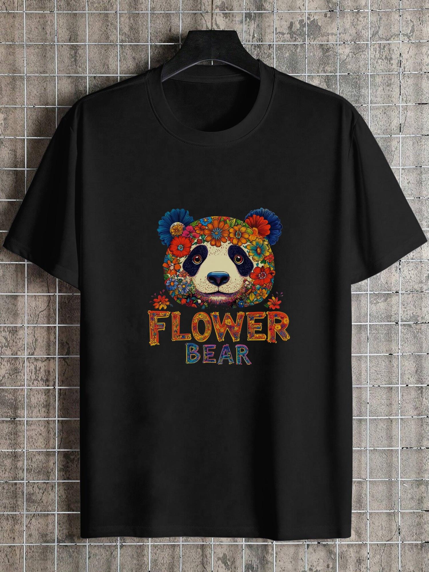 

1pc Casual Panda Floral Graphic T-shirt - 180g Cotton Crew Neck Short Sleeve Tee with FLOWER BEAR Text XXXXL
