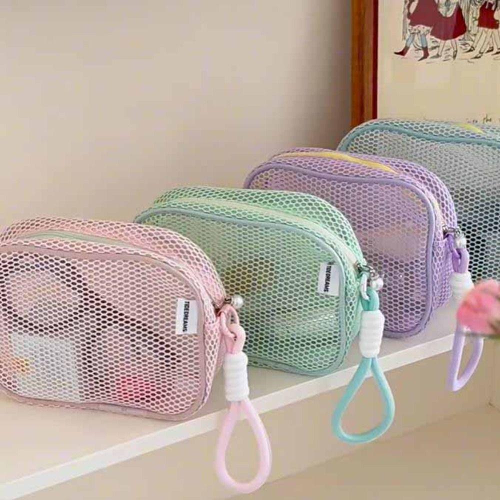 Large Capacity Mesh Cosmetic Bag Solid Color Pillow Makeup Pouch Transparent Makeup Bag  Outdoor