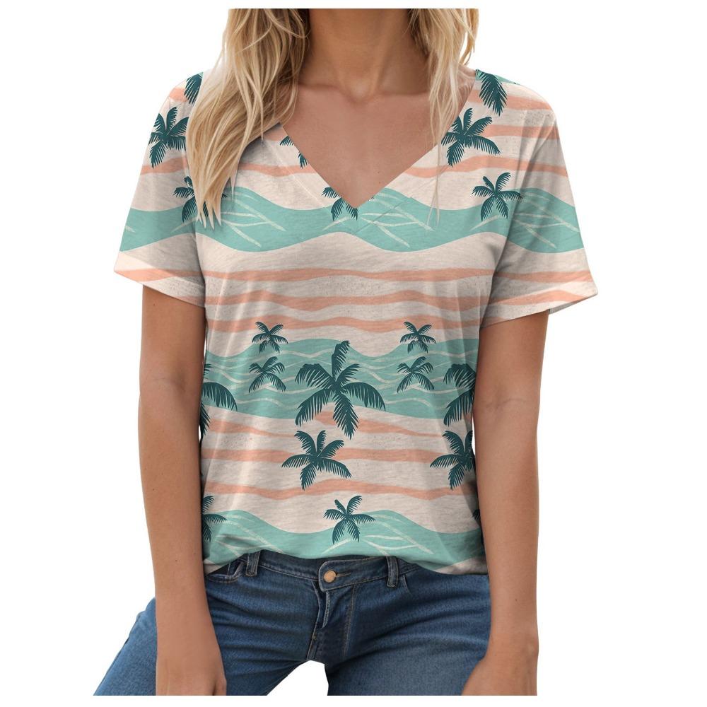 Women s printed V-neck top, fashionable summer casual V-neck XS