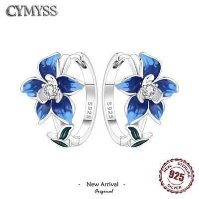 Original 925 Silver Turquoise Zircon Blue Flowers Earring Jewelry Hoop Earrings Women Party Trendy Gifts