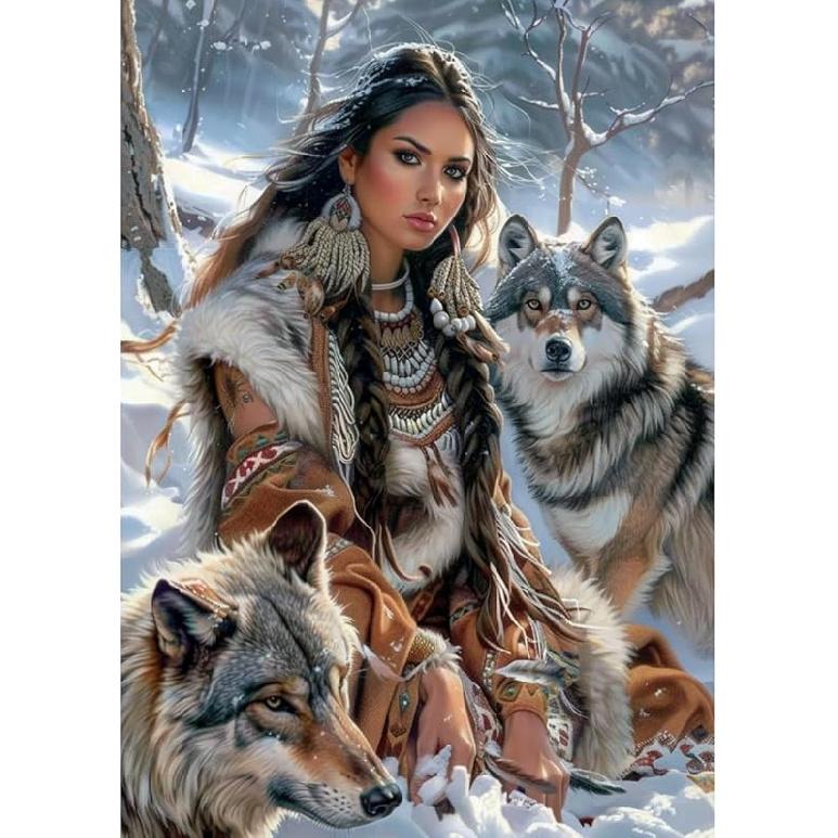 5D Diamond Art Painting by Number Kits for Adults American Native Indian Woman and Wolf DIY Paint with Full Drill Round Diamond Gems Painting Art 03-Indian Woman