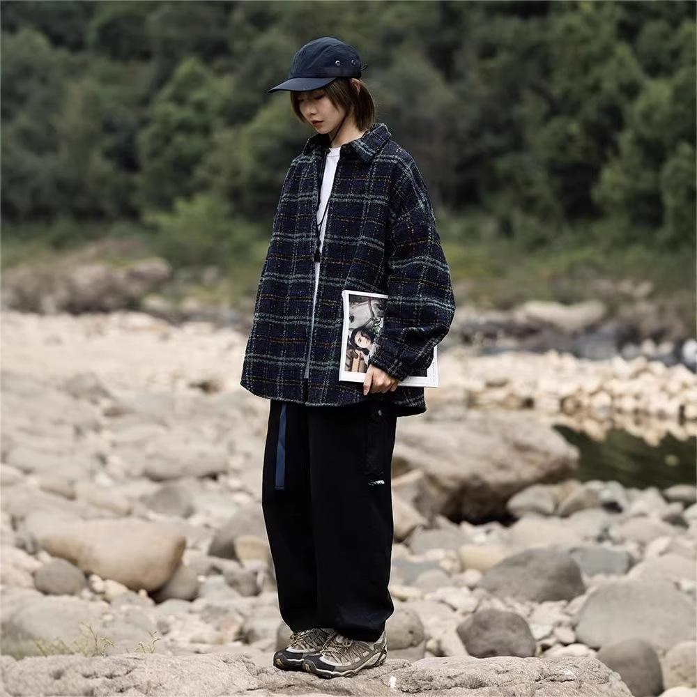 Autumn and Winter Japanese Department College Contrasting Color Plaid Shirt for Men and Women Couples BF Neutral Woolen Jacket Lapel Loose and Casual