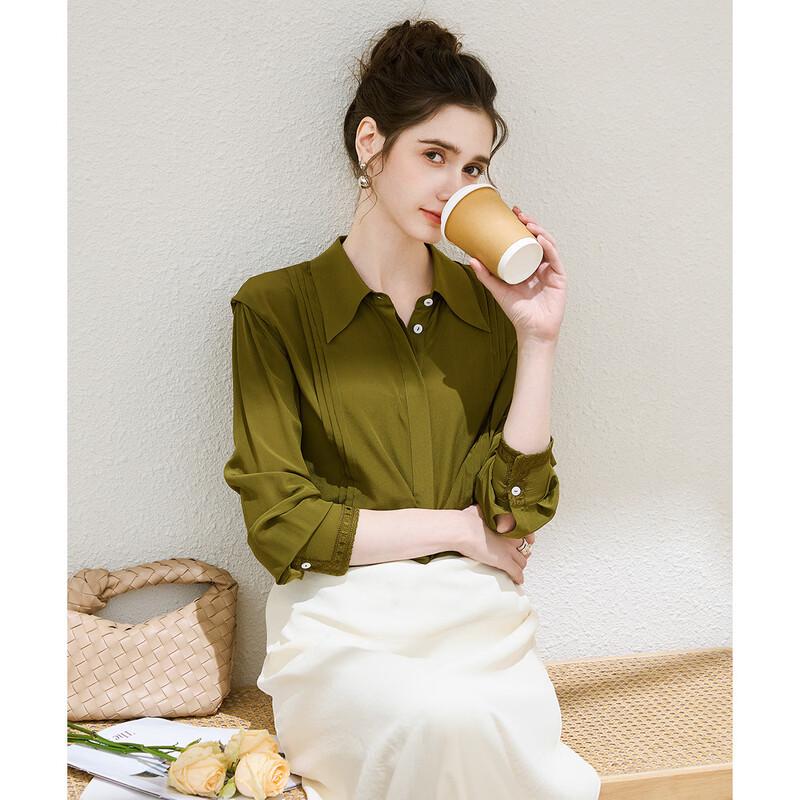 TUHUANG Women s 100% Mulberry Silk Embroidered Pleated Satin Lapel Blouse L