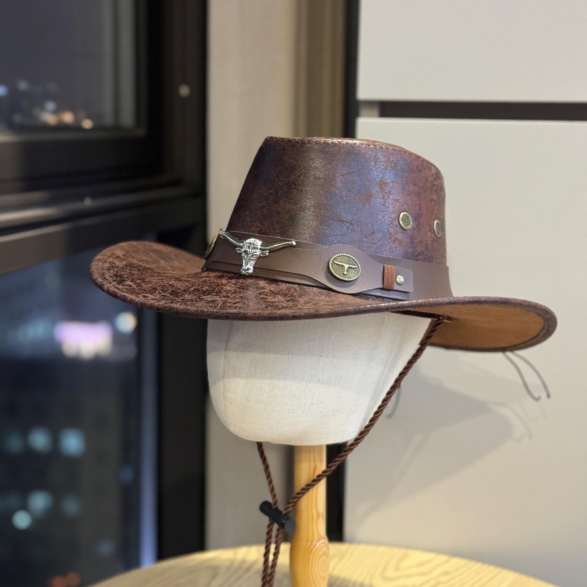 

Vintage American-style cowboy hat for men and women, suitable for spring and summer outdoor travel, sun protection, large brim, distressed denim hat Adult54-60Average Size коричневий