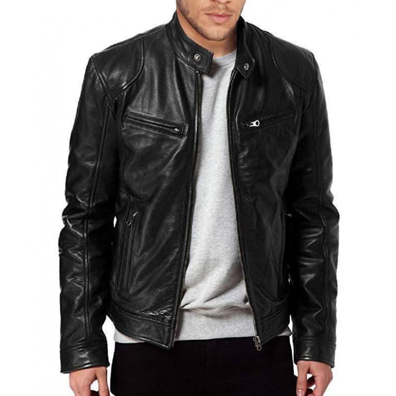 Winter Business Gentleman Warm Zip Cardigan Pocket Decorative PU Leather Jacket Stand-Up Collar Slim Leather Jacket P