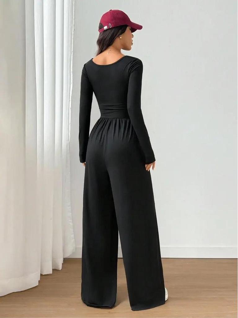 New Style Long Sleeve Women's Casual Wide Leg Solid Color Slimming Jumpsuit