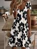 Vneck Shortsleeve Midi Dress Black White Flower Print Pattern 3D Premium Print Durable Casual Fashion Elegant Summer Outfit for Women Ladies Stylish C