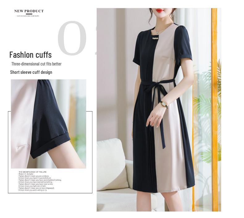Chic Color-Block High-End Chiffon Midi Dress with Round Neck and Waist-Cinching Design for Women