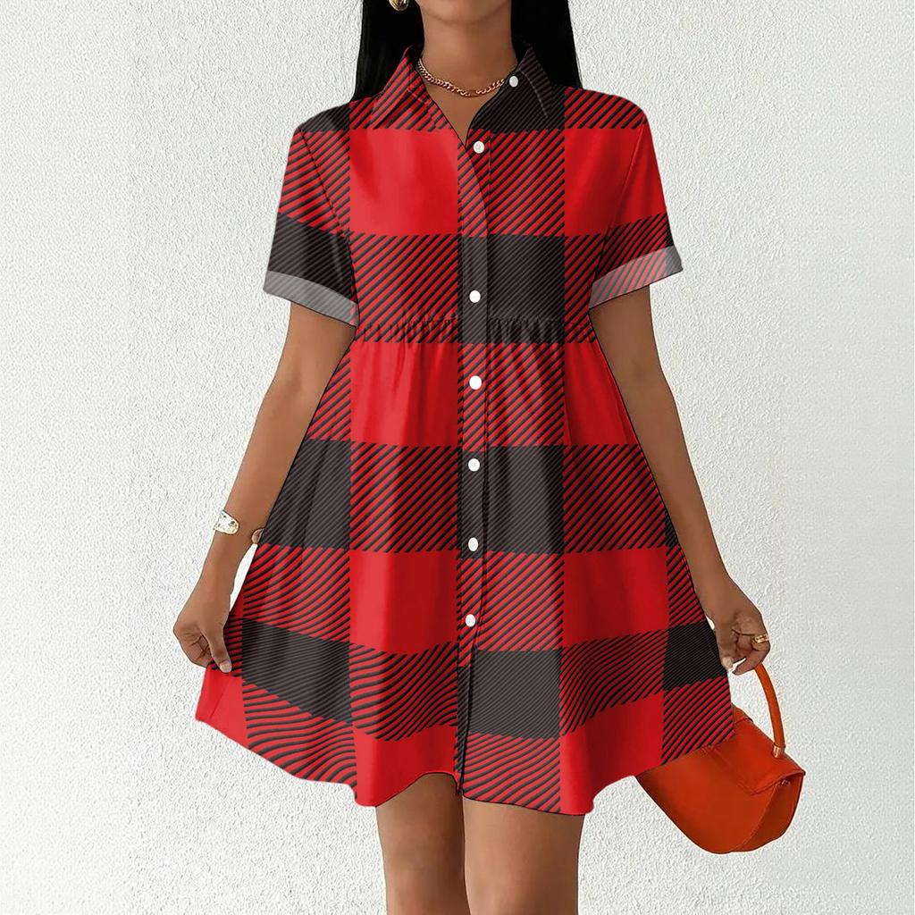 Casual Loose Fit Shirt Dress with Button Front and Stand Collar Short Sleeve Relaxed Fit Plaid Pattern Dress for Women