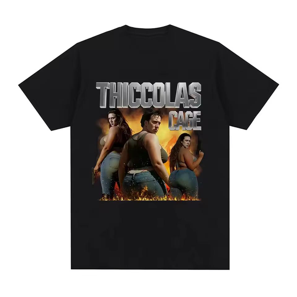 Thiccolas Cage Rolig Meme T-shirt Obalanserad Olämplig Filmälskare T-shirts Absurd Galen Pinsam Utbytespresent Skämt Gåva T-shirts