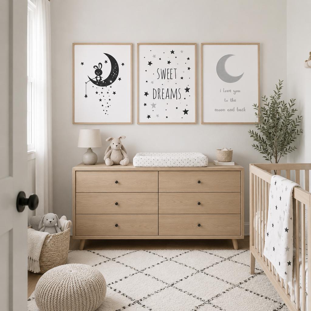 Nursery Wall Art, Black White Moon Star Canvas Painting, I Love You To The Quotes Poster Print for Kids Boy Girl Bedroom Decor