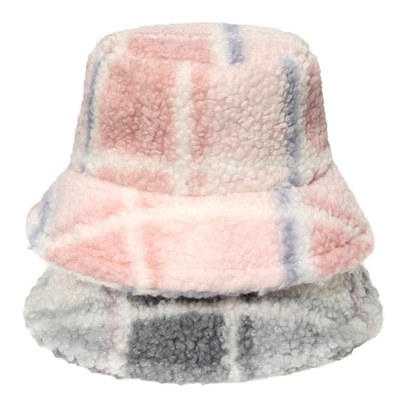 Color Patch Lattice Plush Basin Hat Small for Fresh Grid Fisherman Hat Plush Outdoor Trend Casual Autumn Winter All-matc