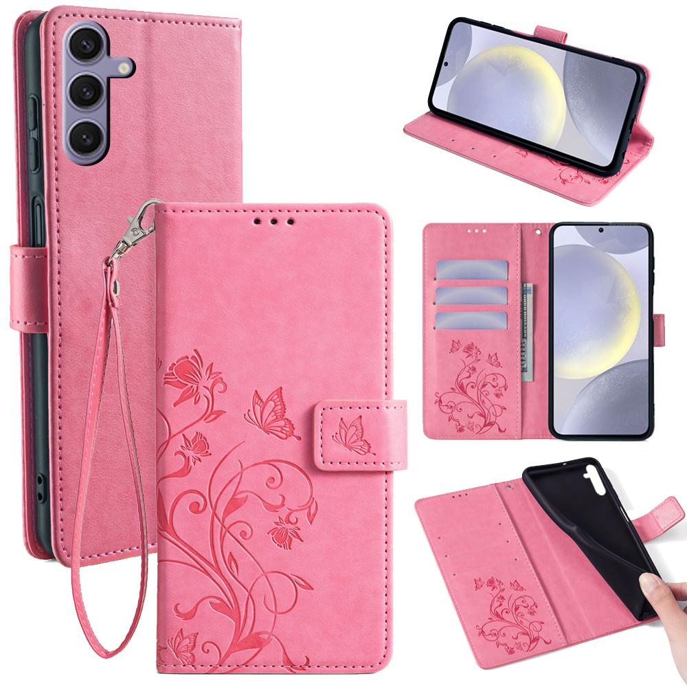

For Samsung Galaxy S24+ Case Butterfly Imprinted Leather Wallet Phone Cover with Wrist Strap Pink