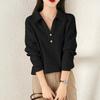 Spring Autumn Waffler Polo V-neck Loose Casual Sweatshirt Women Long Sleeve Solid Simple All-match Pullover Top