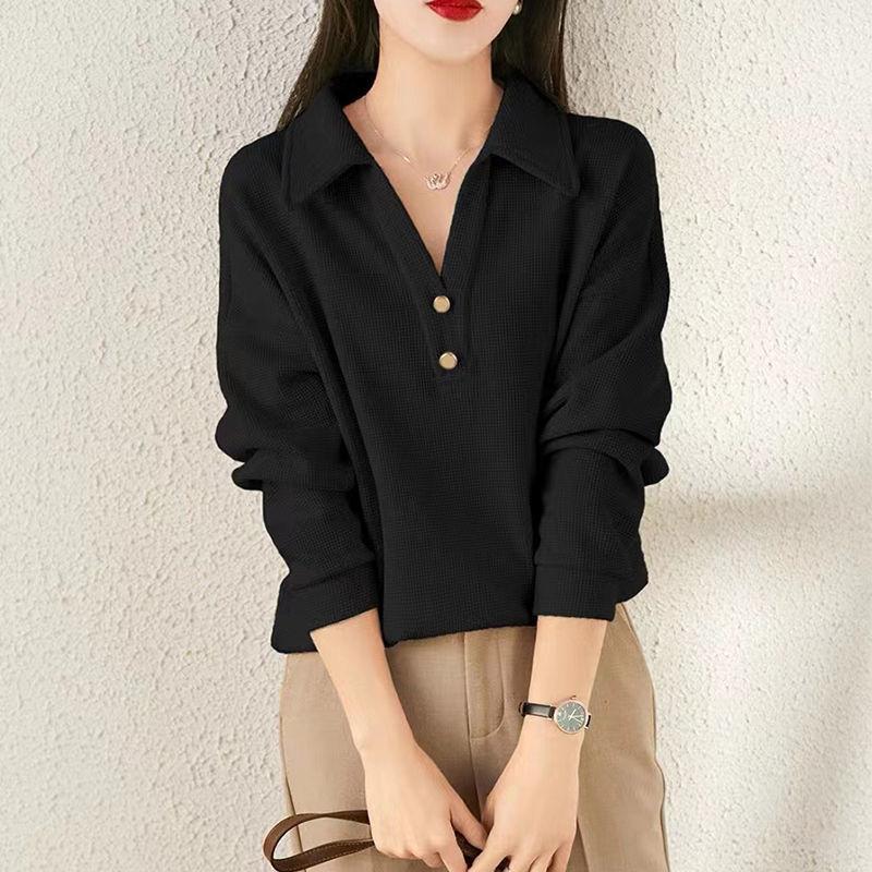 Spring Autumn Waffler Polo V-neck Loose Casual Sweatshirt Women Long Sleeve Solid Simple All-match Pullover Top
