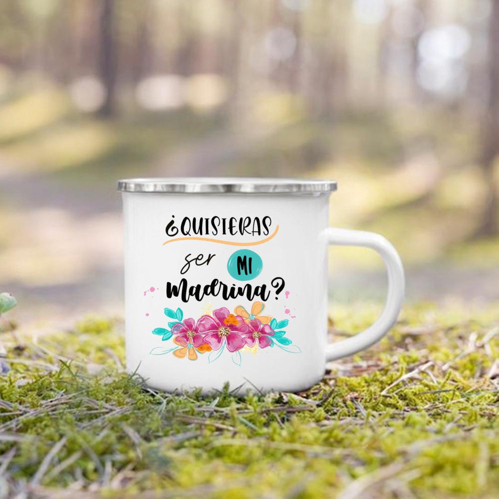 Möchtest du meine Patentante sein? Bedruckte Emaille-Tasse für Getränke, Milch, Kaffee. Antrag auf Patenamt. Retro-Tassen. Beste Idee Geschenke für Madrina