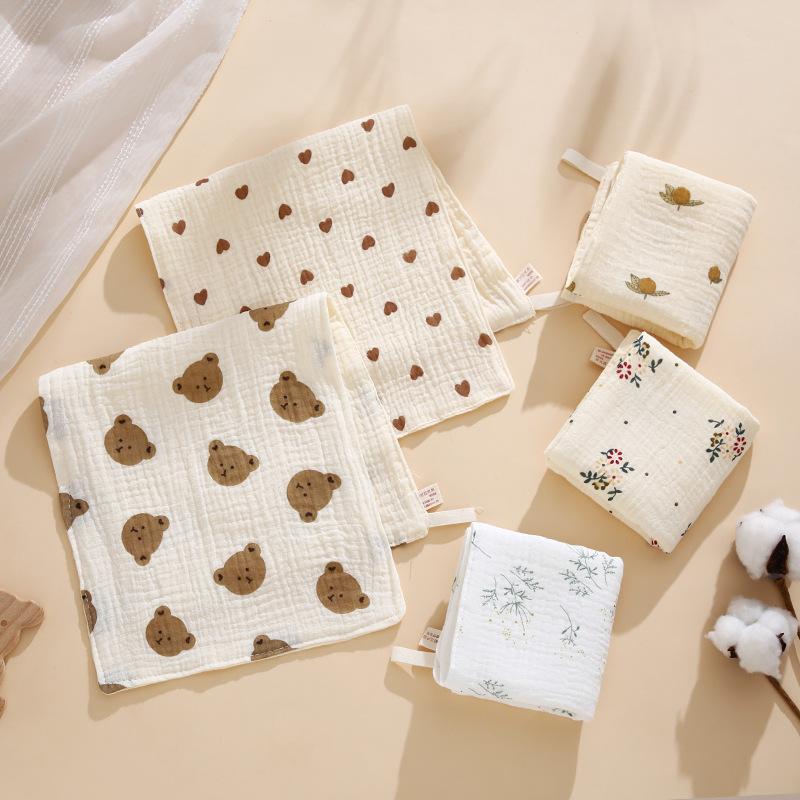 Children'S Towel Four-Layer Pure Cotton Gauze Saliva Towel Baby Face Towel Newborn Crepe Printed Soft Small Square Towel