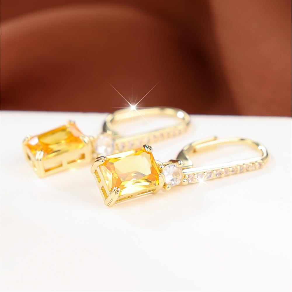 Luxurious Two Tone Rectangular Yellow Zircon Drop Earrings for Women Fashion Jewelry Gifts