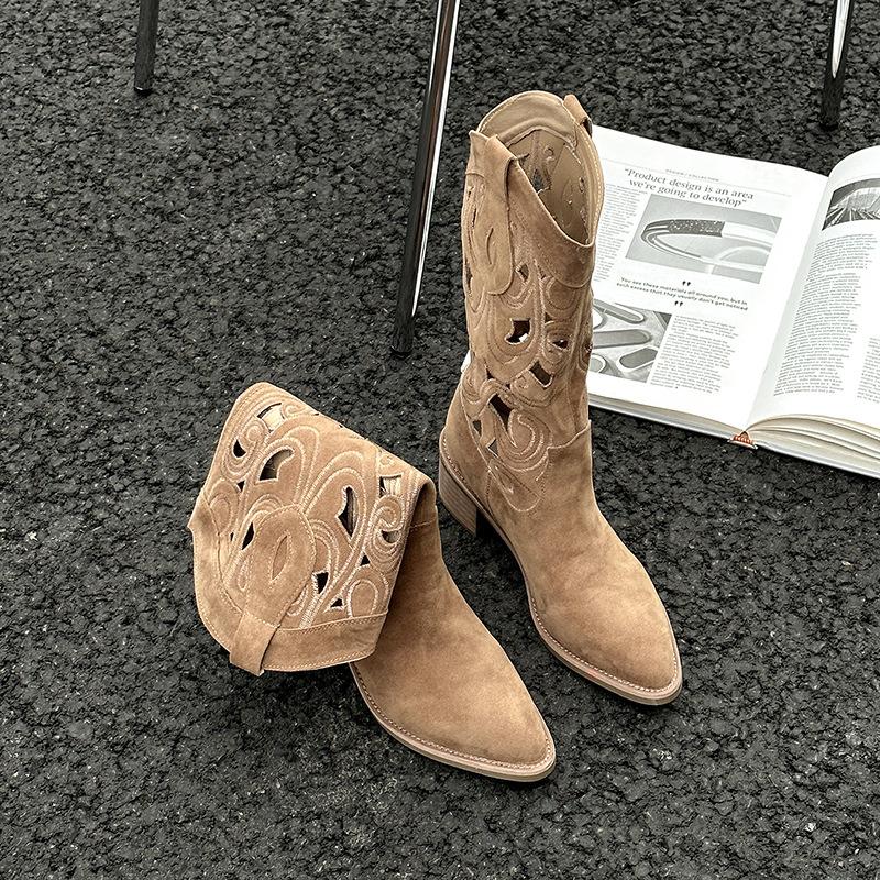 Popular mid-tube hollow boots women's summer knight boots 2025 boots suitable for summer wear cowboy boots cool boots