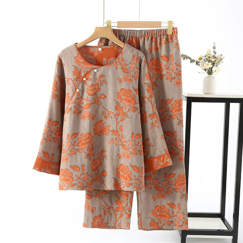 Spring and autumn pajamas women's pure cotton yarn-dyed gauze pajamas nine-quarter-sleeved diagonal placket loungewear set