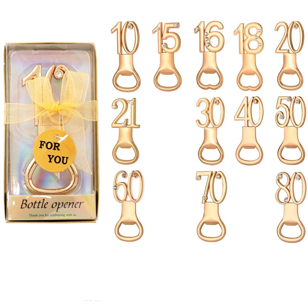 30pcs Golden Bottle Opener with Diamonds for 10/18/20/30/40/50/60/70/80th Birthday Party Decoration