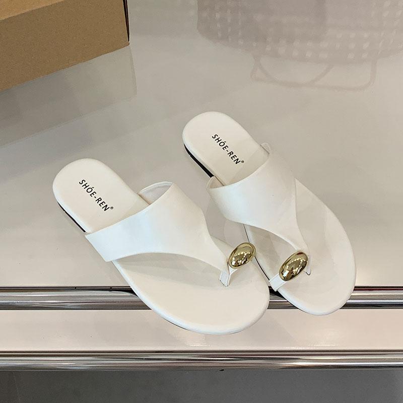 

Fashion Summer Beach Female Flip flops Women Flats Slides Slippers Shoes Fashion Metal Ladies Flats Slippers Sandals Footwear 35 бежевый