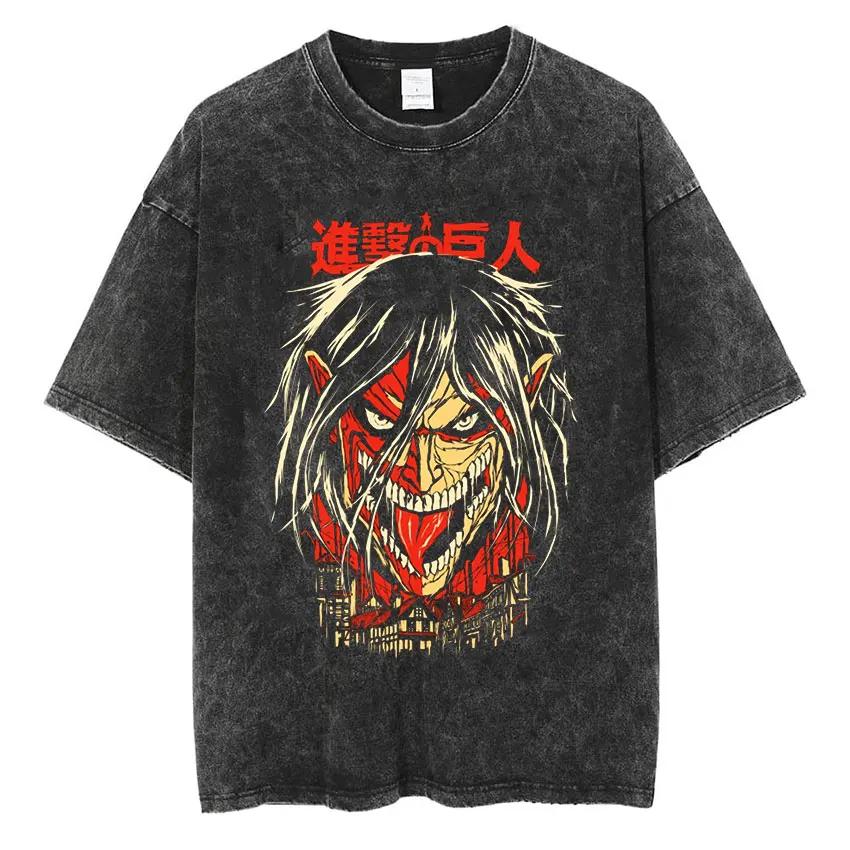 Anime Attack Titan Retro Wash Bedrucktes T-Shirt Mikasa Ackerman Eren Jaeger Freie Flügel Muster Herren Sommer T-Shirt