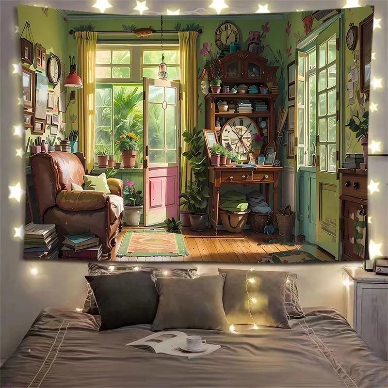 Charming Cottage Bedroom Tapestry Cozy Interior Lush Greenery Unique Wall Art for Home Decor Nature Lover Gift
