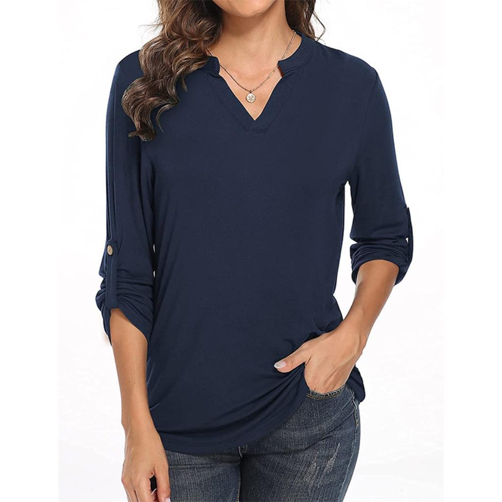Spring New Women's V-Neck Long Sleeve Roll-up 3/4 Sleeve Waisted Blouse Top, Casual Fashion Women's Clothing for European American