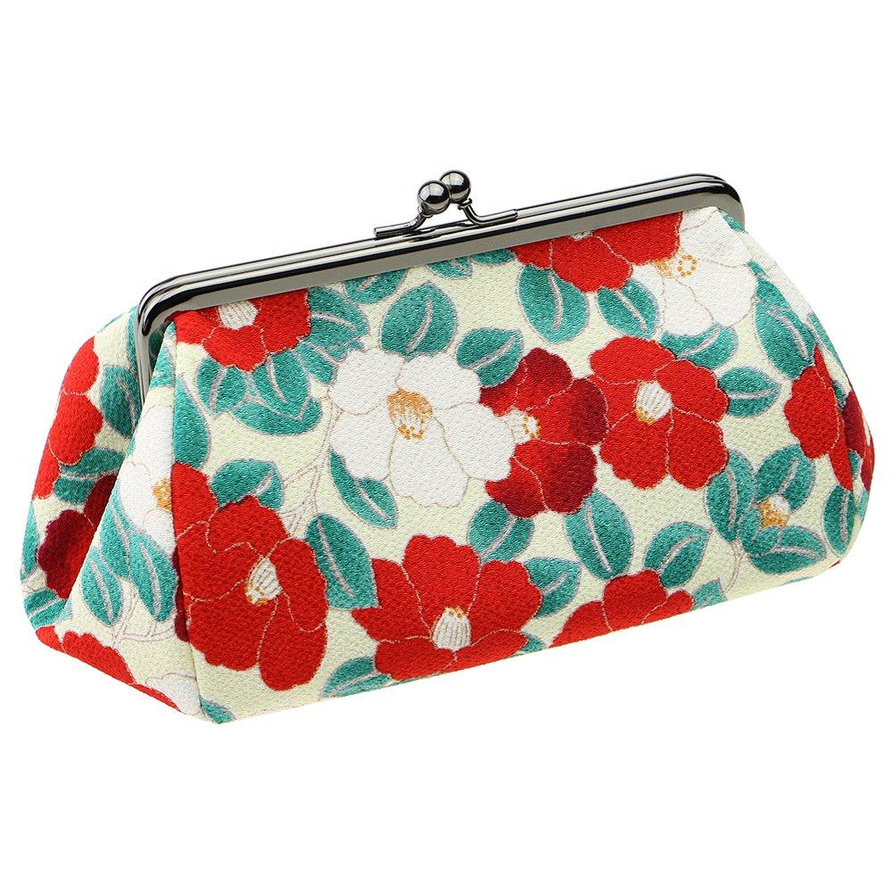 

Watona Chirimen Cosmetic Width White Pouch, 16.5cm-20cm, Medium, 5-inch (08 Camellia)