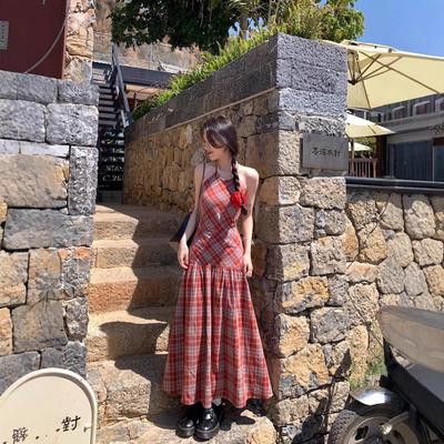 Red Plaid Dress, Niche Halter Slip Dress for Women, Summer Backless Strap A-line Skirt, Elegant Seaside Long Dress