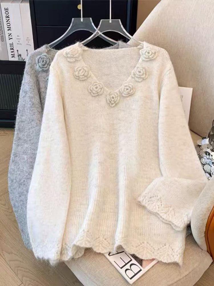 3D Floral Wool Sweater - Plus Size, Long Sleeve, Autumn/Winter Knitwear, Age-Reducing, Loose Fit, Women's Top.