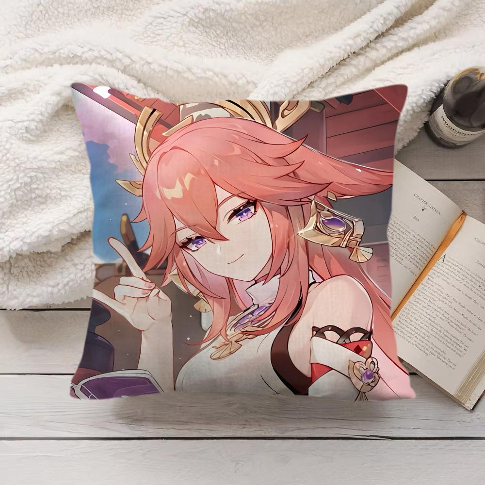 Yae Miko Genshin Impact Cushion Cover Silky Short Plush Invisible Zipper Dustproof Sofa Pillow Case For Home Decor