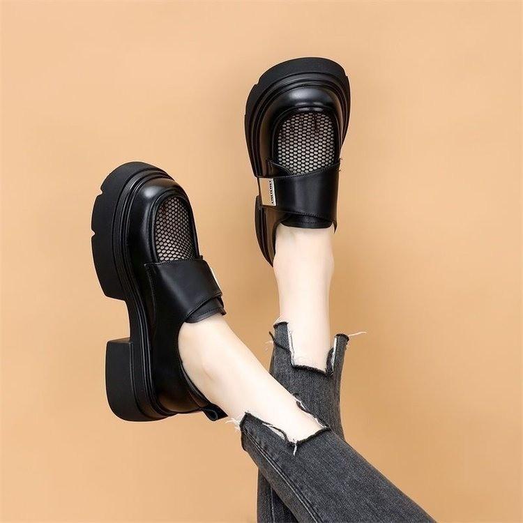 Microfiber loafers women's mesh breathable 2024 summer and autumn new Velcro thick-soled Baida British height-increasing small sandals