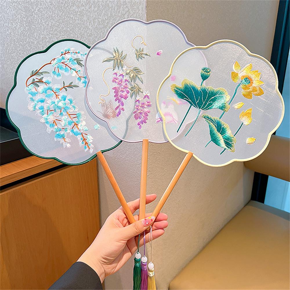 Flower Embroidered Silk Round Fan Chinese Hand Fans with Wooden Handle Tassel Wedding Party Dance Accessories Home Decor