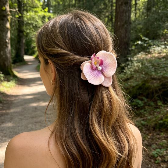 Pince à Cheveux Fille Ornement Perle Imitation Style Chinois Forme Phalaenopsis Pince à Cheveux Prise Stable Pas de Dommage Pince à Cheveux Latérale
