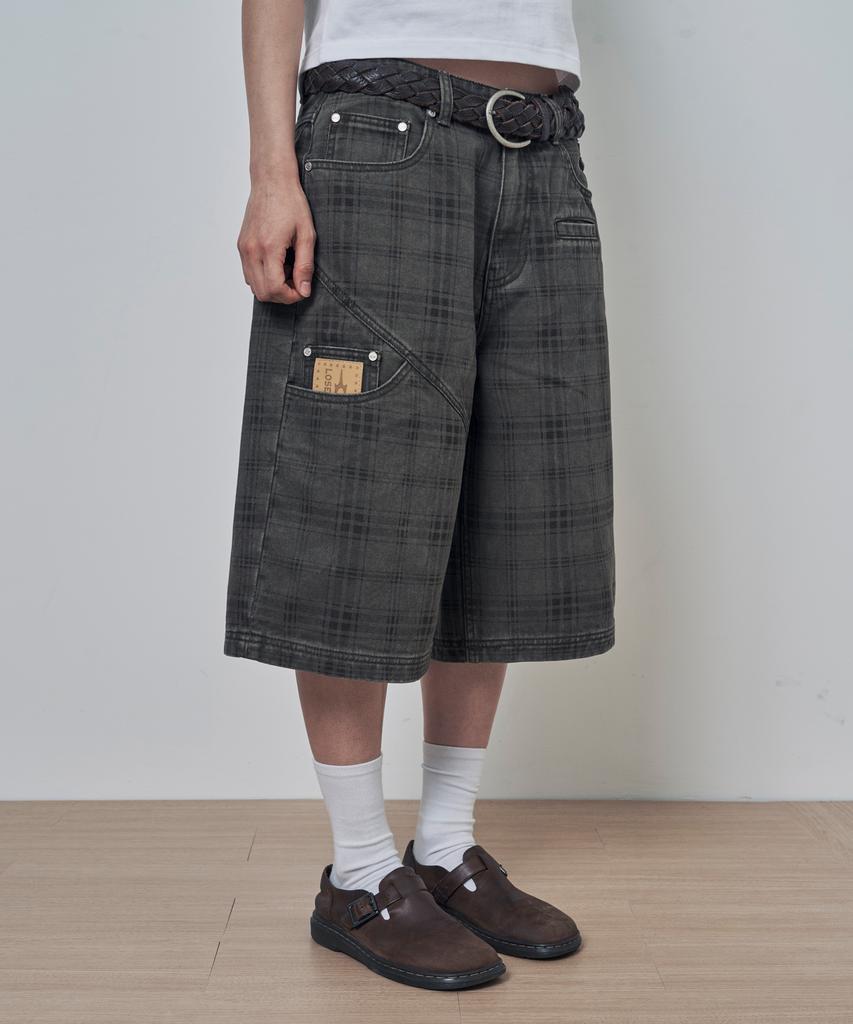 Lujeoseukeulleob Pantalon Bermuda en Coton Lavé à Carreaux Kaki