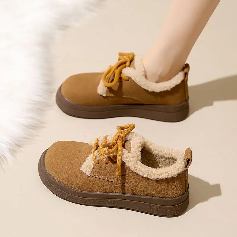 

Женские зимние ботинки со шнурками, черные замшевые, с круглым носком, элегантные, на низком каблуке, женские туфли на шнуровке, Y2k, овечья зимняя водонепроницаемая, нескользящая, 39 35