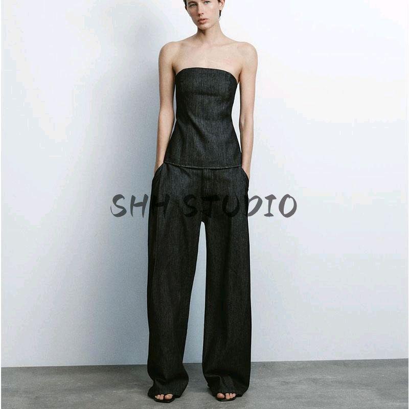 Spring New Women's Clothing Denim Strapless Chest Wrap Tops 6929263 Denim Effect Pleated Pants 6929213