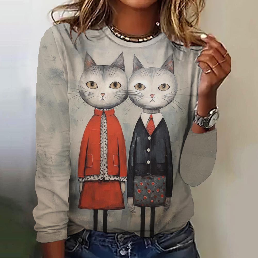 Harajuku Cat Printed Women's T-Shirts Autumn/ Winter Long Sleeves Imitation Cotton Clothing Fashions Round-Neck Tshirts 2024 New