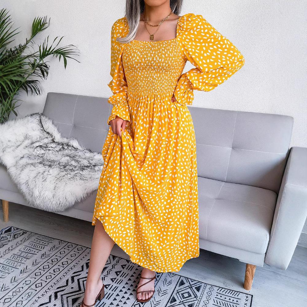 Printemps Été Robe de Vacances en Coton à Manches Longues et Col Carré Plissée Longue Robes pour Femmes