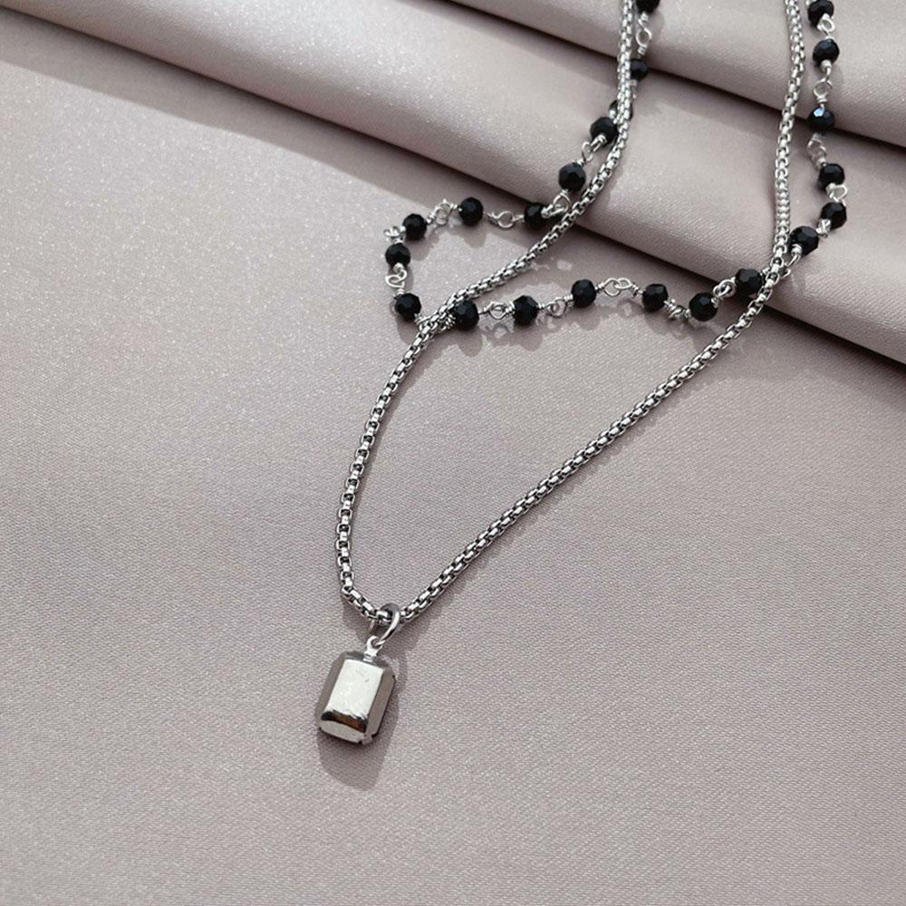 New Fashion Black Resin Bead Chain Choker For Women Double Layer Square Pendant Necklace Party Jewelry Gifts