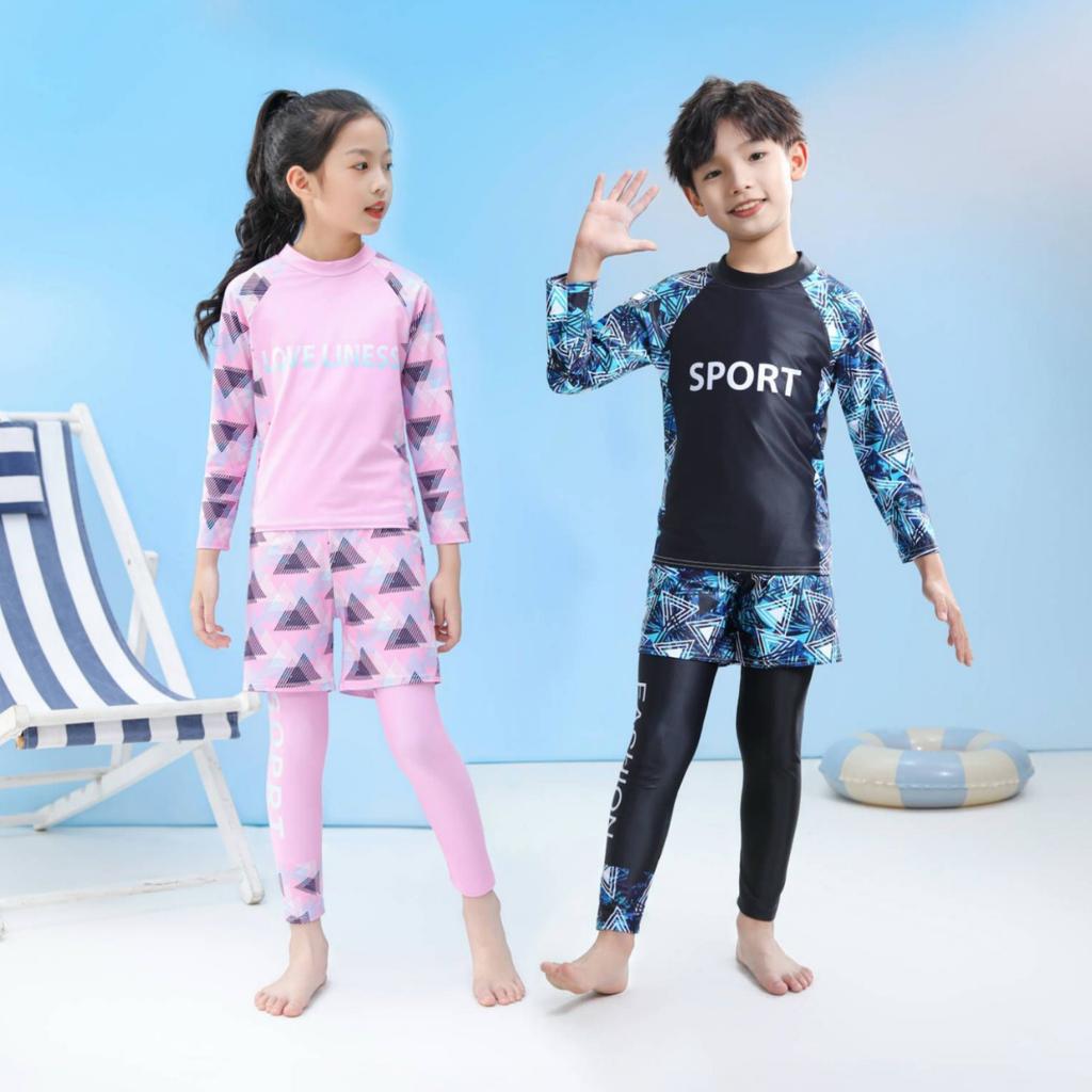 Neue Kinderbademode Jungen- und Mädchen Langarmhose Dreiteiliger Sonnenschutz Schnelltrocknender Anzug Warmer Badeanzug für Kinder