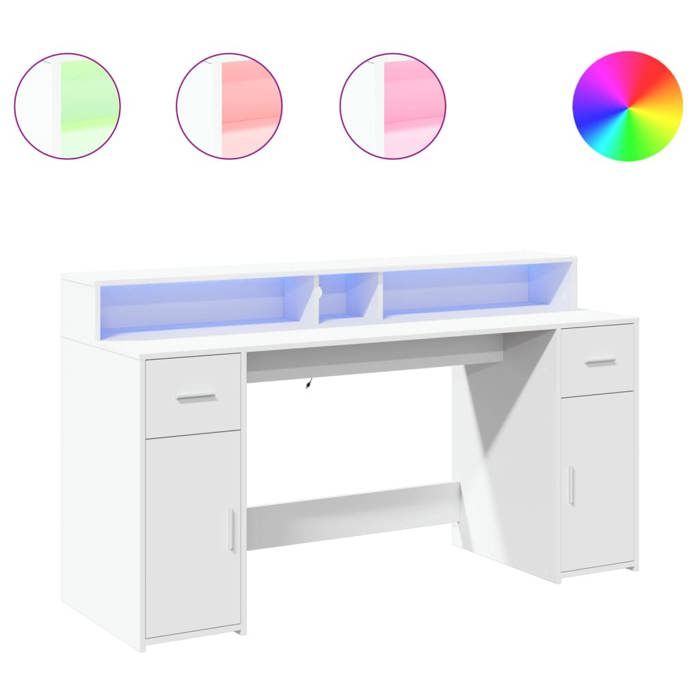 VidaXL Bureau avec lumières LED blanc 160x55x91 cm bois d'ingénierie, bureau de travail, bureau d'étude, bureau à domicile, 3309429
